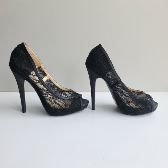 deb Size 6 Black Partial See-Through Lace Simple Pumps Stiletto Heel Peep Toe - Picture 4 of 9